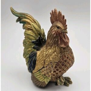 Bejeweled Rooster Metal Trinket Box Hinged Enamel Interior Crystal‎ Embellished
